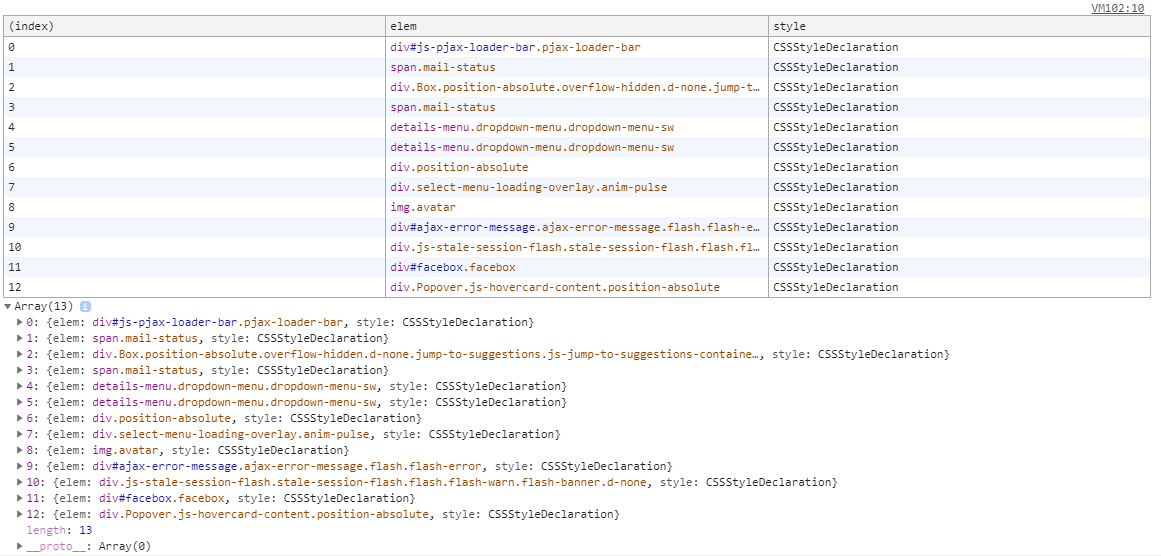 Example output from the console from the snippet, from github.com