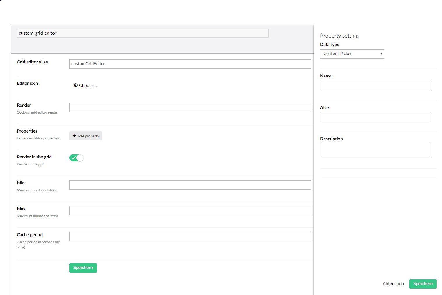 Backoffice view of LeBlender. It allows to create custom grid editors with multiple configurable properties